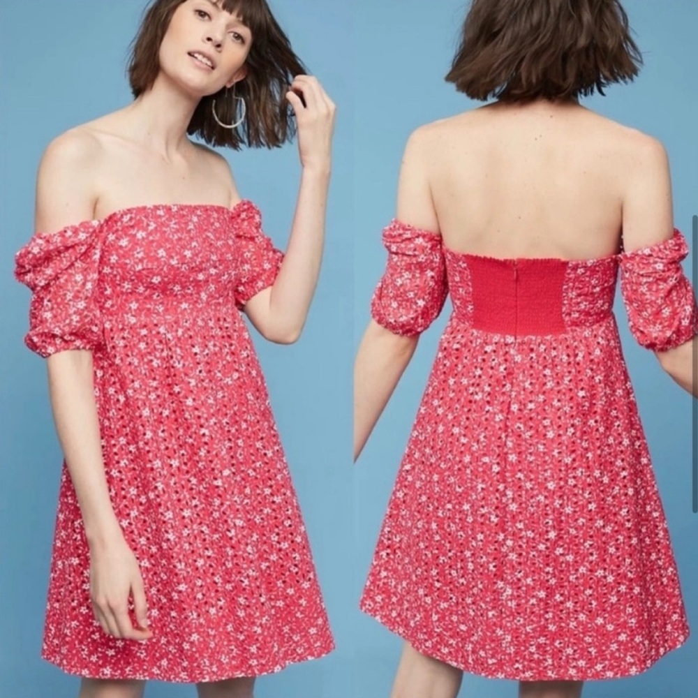Anthropologie Lillianne Floral Eyelet Dress by Maeve Pink off shoulder
